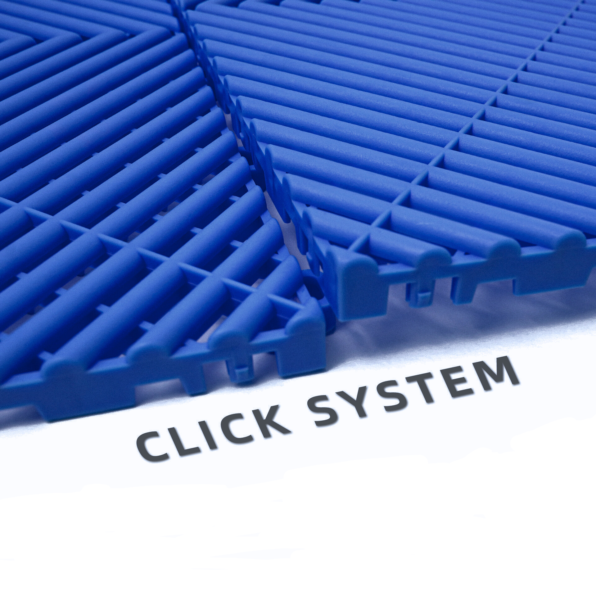 Blue plastic grid system components with 'CLICK SYSTEM' text on a white background