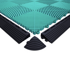 Green interlocking plastic garage tile with black corner pieces on a white background