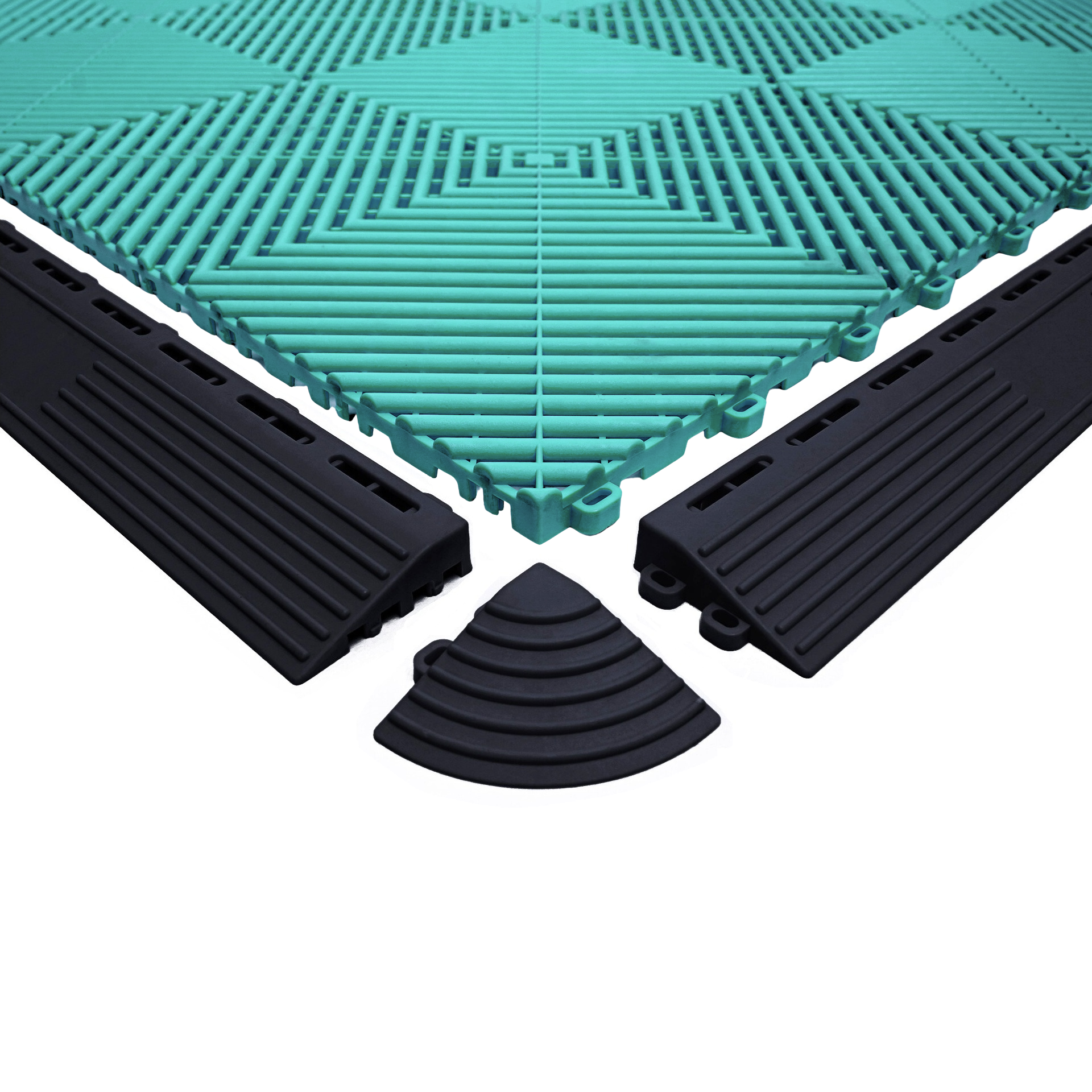 Green interlocking plastic garage tile with black corner pieces on a white background