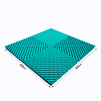 Teal plastic grid with dimensions on a white background