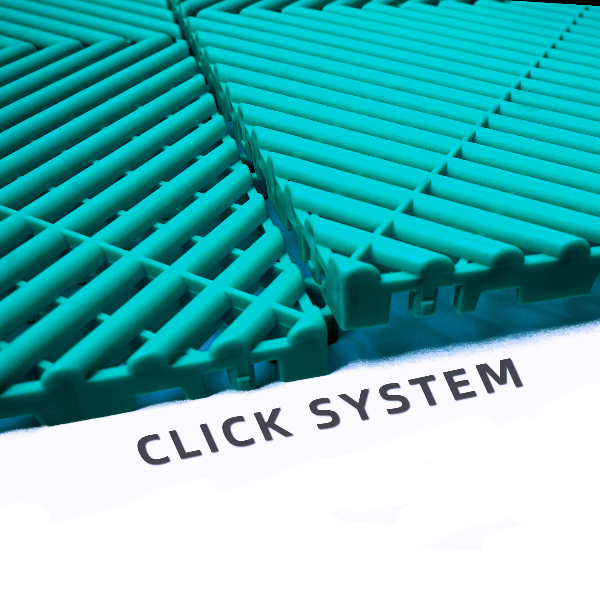Green plastic click system tiles with 'Click System' text on a white background